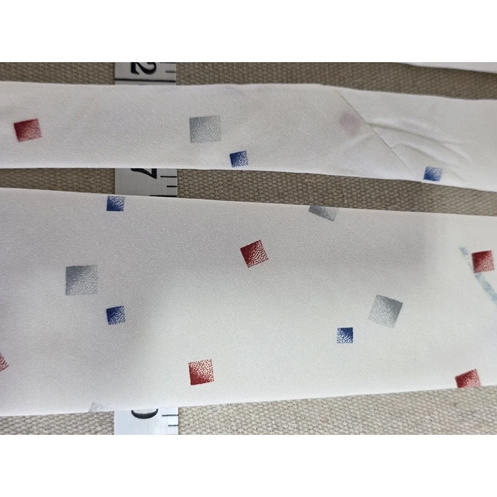 Selina de France Paris Mens Tie White Red Blue Grey Geometric Square Pattern